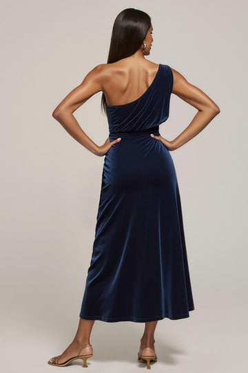 Navy Velvet One Shoulder Ruched Work Dress with Slit